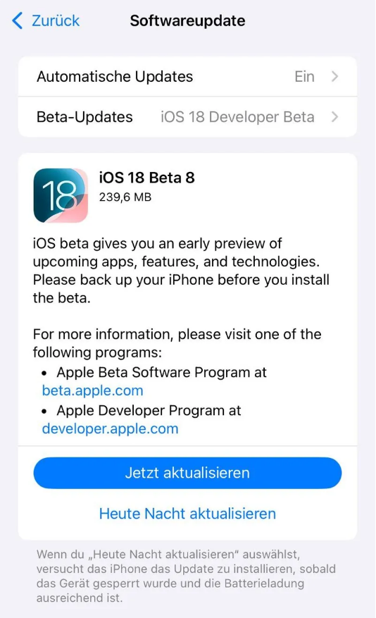 鹰手营子矿苹果手机维修分享苹果 iOS / iPadOS 18 开发者预览版 Beta 8 发布 